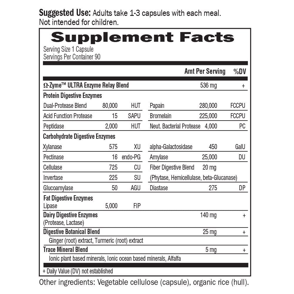Garden of Life 21 Powerful Digestive Enzymes with Papain, Bromelain, Lipase, Plus Ginger and Turmeric - Omega-Zyme Ultra, Enzymes for Digestion Dietary Supplement, Vegetarian, 90 Capsules