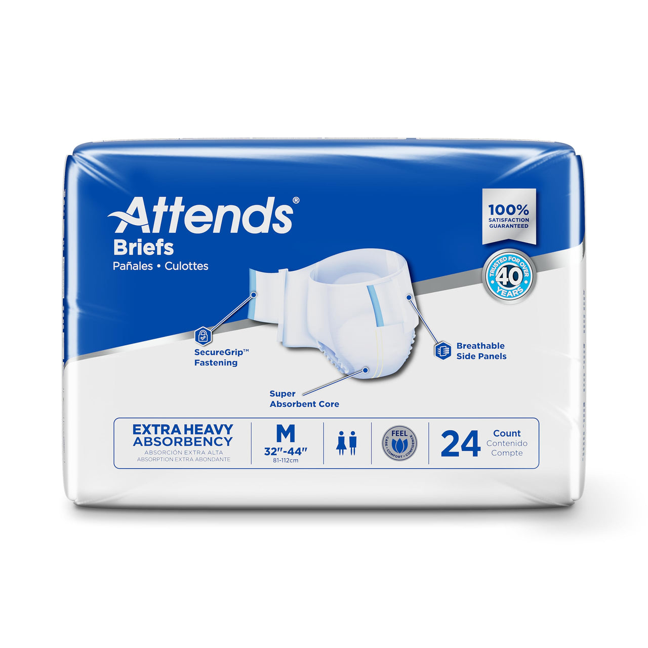 Attends Care Incontinence Disposable Briefs, Medium, 32"-44" Waist Tab Closure, Heavy Absorbency, Premium Softness and Breathable Fabric, 24ct Bag