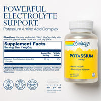 Thumbnail for Solaray Potassium 99 mg - Electrolyte Balance Formula - Potassium Supplement for Electrolytes, Vascular and Heart Health Support - 60-Day Money Back Guarantee, Lab Verified, 200 Servings, 200 VegCaps