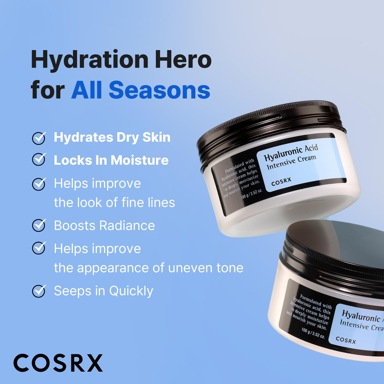 COSRX Hyaluronic Acid Moisturizing Cream, Long-lasting Hydration, Rich Moisturizer for Sensitive Skin 3.52 oz / 100g, Korean Skin Care, Animal Testing Free, Parabens Free