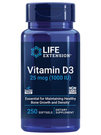Thumbnail for Life Extension Vitamin D3 25 mcg (1000 IU), Immune System Support, Bone Health, Whole-Body Health, Value Size, Gluten-Free, Non-GMO, 250 softgels