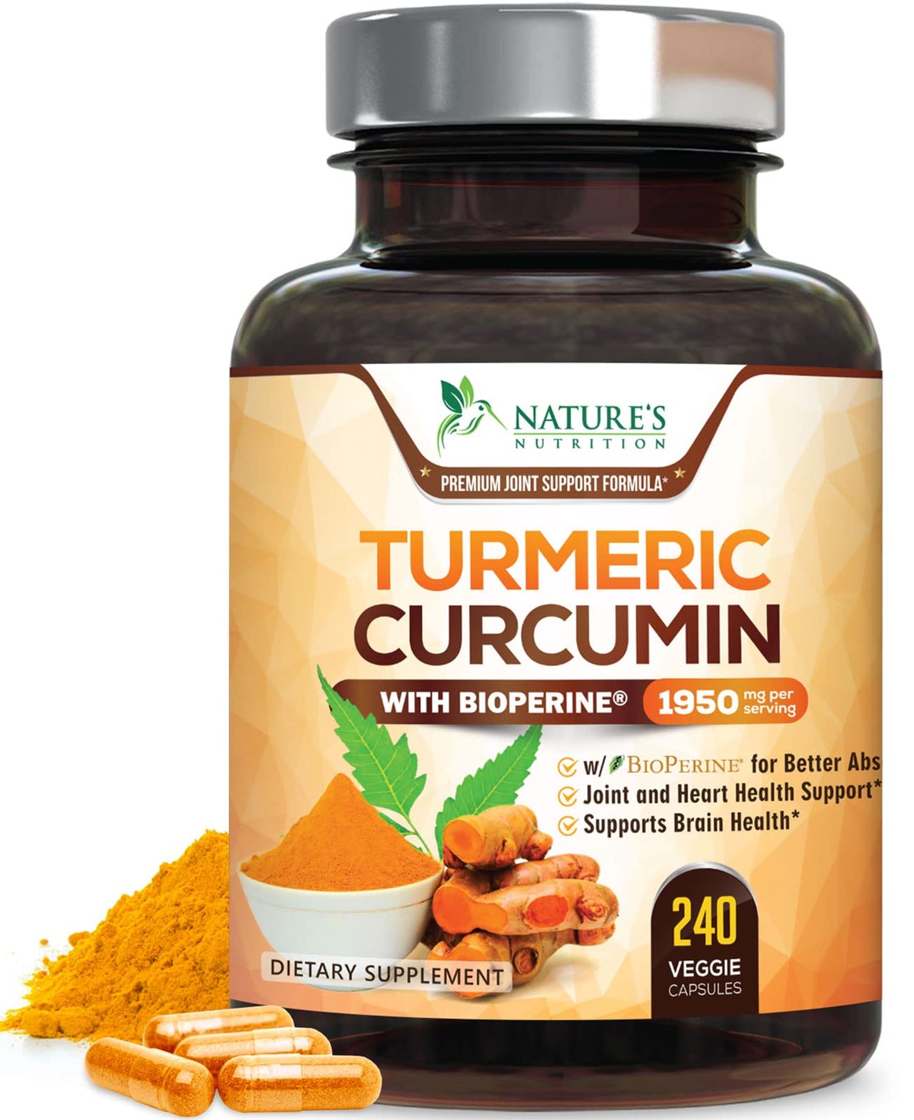 Turmeric Curcumin Supplement 95% Curcuminoids - 1800mg Organic Turmeric Per Serving - BioPerine Black Pepper Extract for Best Absorption, Natural Joint Support, Non-GMO, Bottled in USA - 240 Capsules
