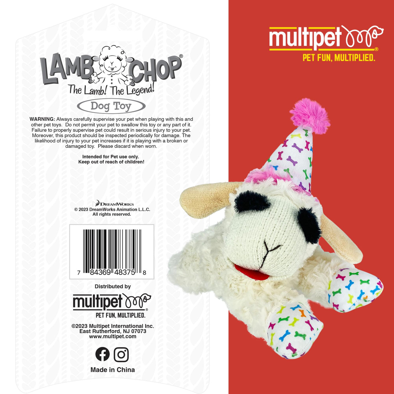 Multipet Lamb Chop Dog Plush Toy w/Birthday Hat - Squeaky Toy for All Dogs - Soft Plush - Stuffed Animal Dog Toys for Playing - Cute Birthday Toy (10.5”, Pink Hat, 5 Squeakers)