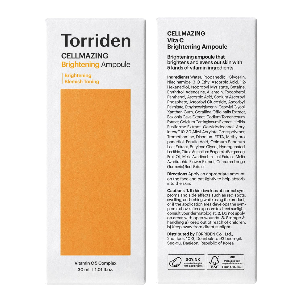Torriden CELLMAZING Vita C Ampoule 30ml (1.01 fl.oz.) | Refining Sagging Pores and Skin Texture | 5D Vitamin C, Seaweed Complex, Panthenol | Korean Facial Serum