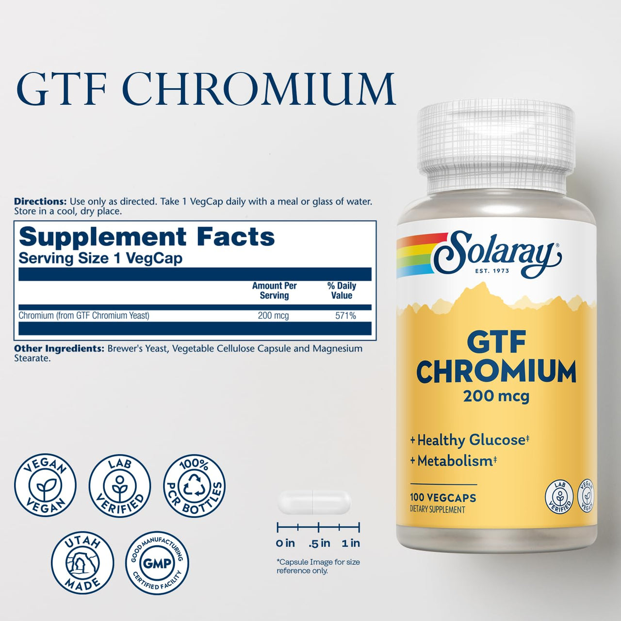 Solaray GTF Chromium 200mcg - Supports Balanced Metabolism and Energy Levels - Vegan Chromium Supplements - Lab Verified, 60-Day Guarantee - 100 Servings, 100 VegCaps