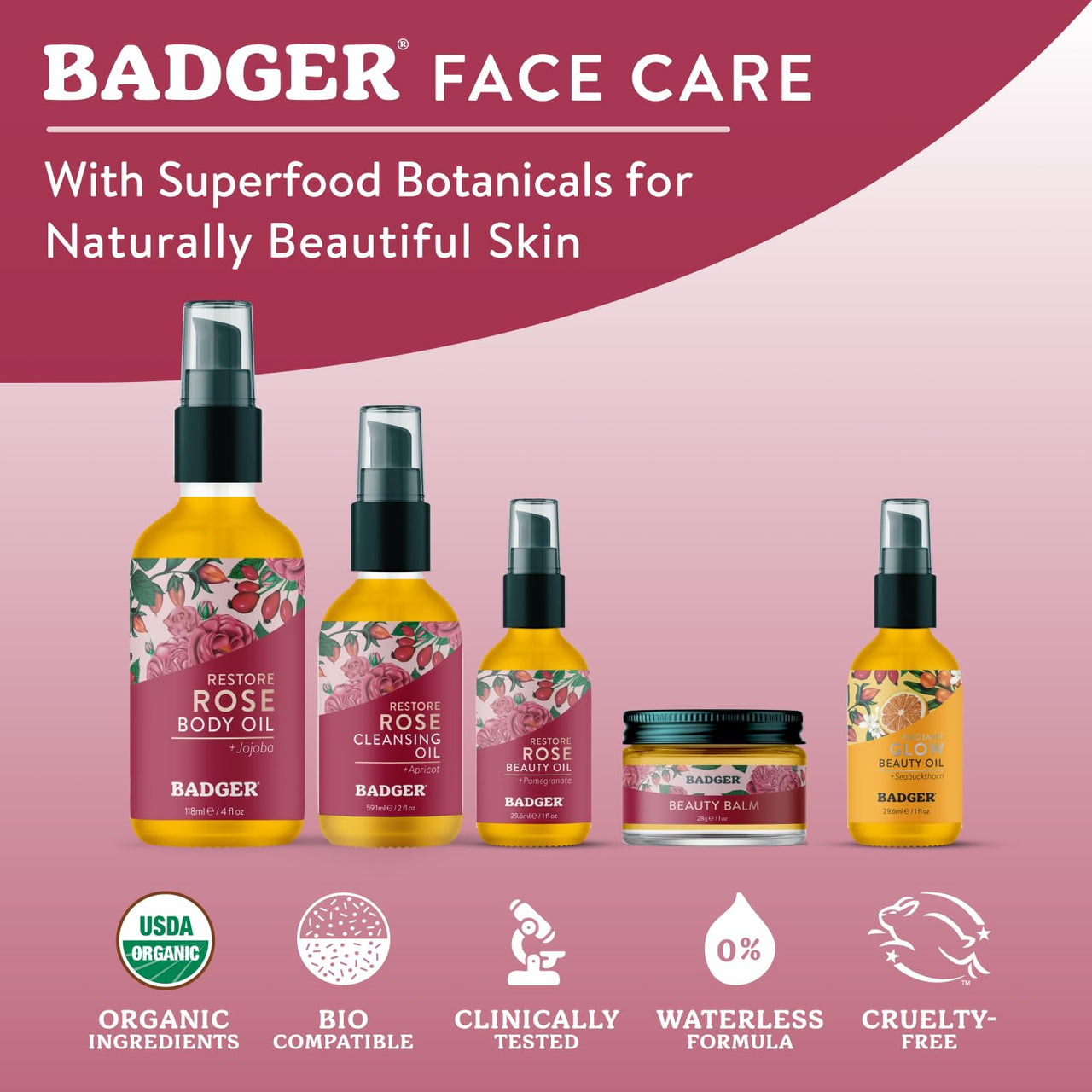 Badger Rose Beauty Balm, 100% Organic Nourishing Treatment For Face, Neck & Hands w/Pure Rose Essential Oil, Intensive Long Lasting Face Moisturizer for Women & Men, 1 oz Glass Jar