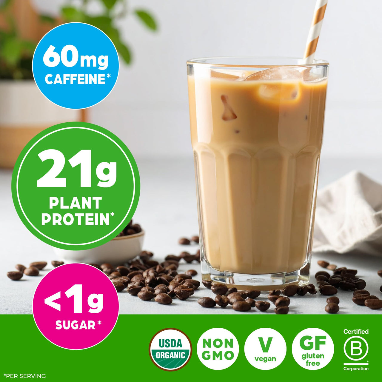 Orgain Organic Vegan Protein Powder, Iced Coffee - 21g Plant Protein, 60mg of Caffeine, Low Net Carb, No Lactose Ingredients, No Added Sugar, Non-GMO, For Shakes & Smoothies, 2.03 lb