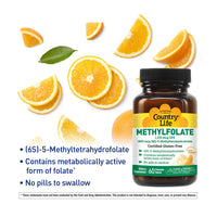 Thumbnail for Country Life Methylfolate Chewable Tablets - Metabolically Active Folate - Great Tasting Orange Flavor - Gluten-Free - Smooth Melts - Vegan B12 - Women's Vitamins - Daily Supplement - 60 Tablets