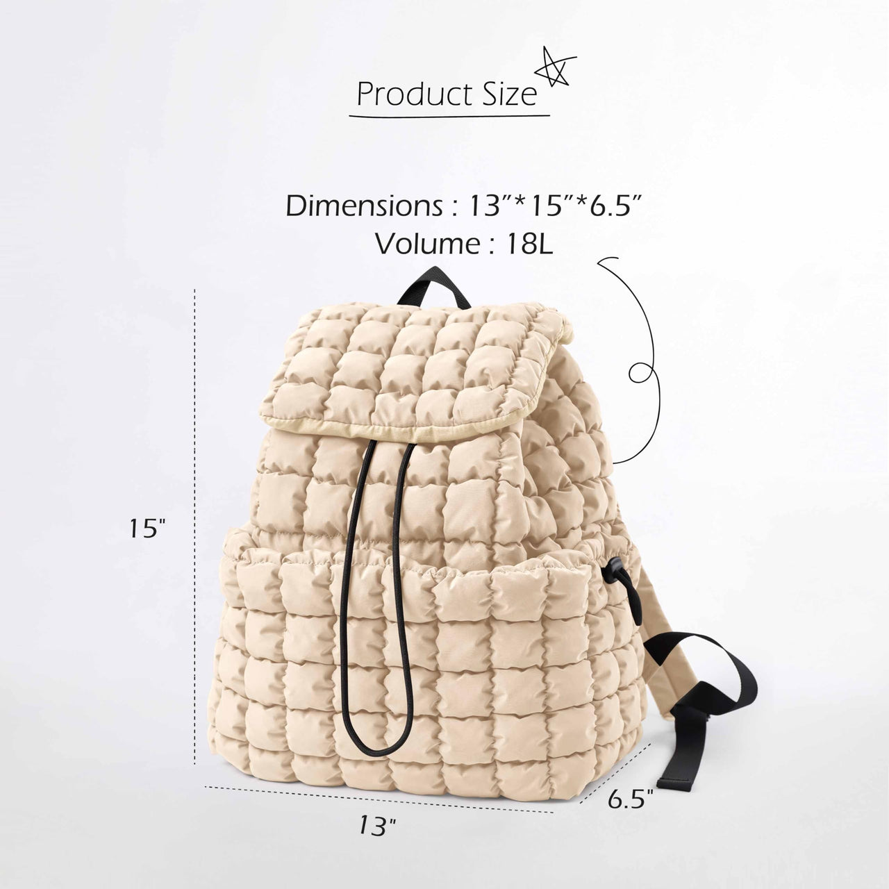 ODODOS Quilted Backpack 2.0 for Women Lightweight Puffer Hiker Pack Drawstring Padding Travel Gym Bag, Ivory