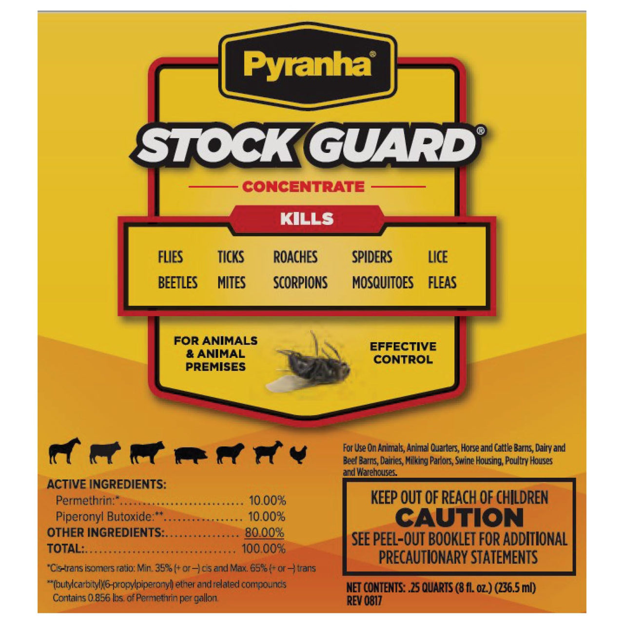 PYRANHA Stock Guard Concentrate - Livestock, Barn, Milk Rooms, Dairies, Poultry & Swine Houses Indoor Fly Control | Repels Flies, Lice, Ticks, Beetles, Mites, Gnats, 8 Oz