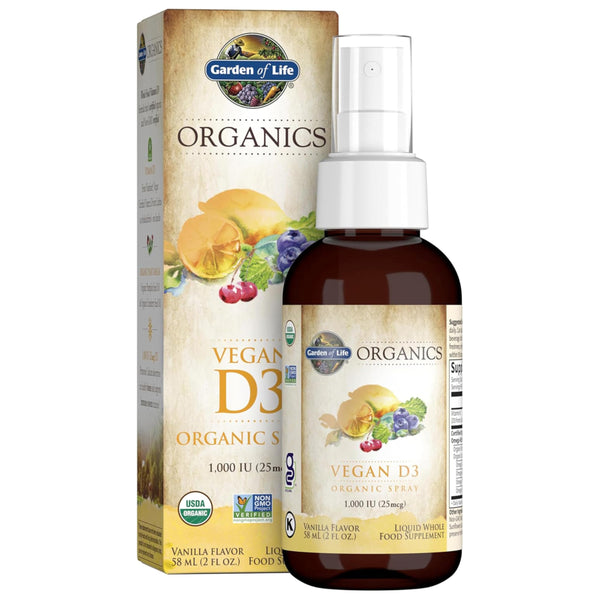Garden of Life Organics Vegan Vitamin D3 for Women and Men, Liquid 1000 IU Per Spray, D3 Plus Omegas - Vanilla Flavor - 125 Servings - 2fl oz Liquid Whole Food Vitamin Supplement