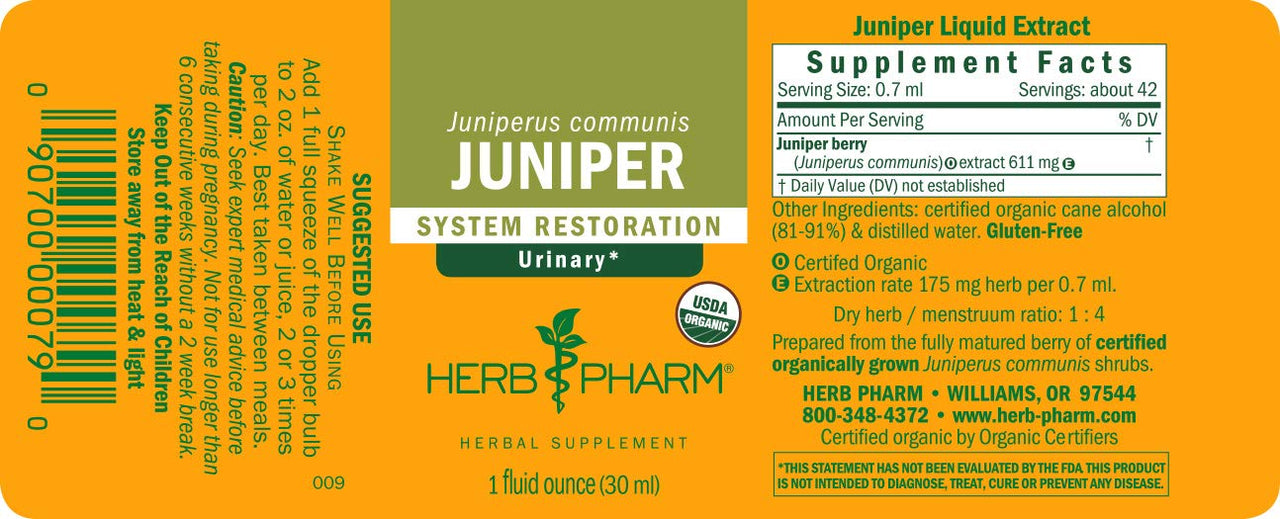 Herb Pharm Certified Organic Liquid Extract for Urinary System Support Juniper 1 Fl Oz