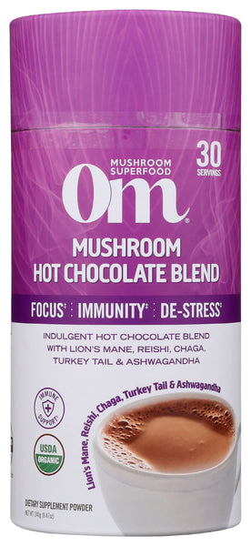 Om Mushroom Superfood Hot Chocolate Blend Mushroom Powder, Dutch Cocoa, 2g of Sugar, 25 Calories, Lion's Mane, Reishi, Chaga, Turkey Tail, Focus and Stress Support, 240g, 8.47 Oz