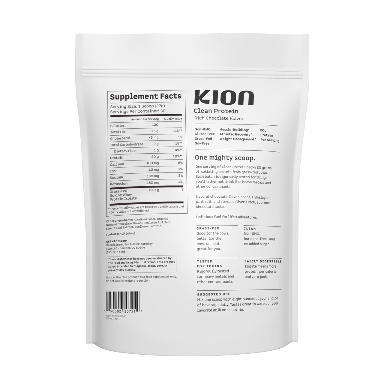 Kion Clean Protein | Grass-Fed & Pasture-Raised Whey Isolate Protein Powder | Rich Chocolate | 30 Servings