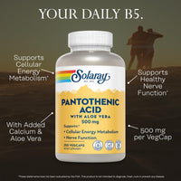 Thumbnail for SOLARAY Pantothenic Acid 500mg - Pantothenic Acid Supplement (Vitamin B5) - Essential B Complex Vitamin - Nervous System and Cellular Energy Support - Vegan, Gluten Free, 60-Day Guaratee, 250 Servings