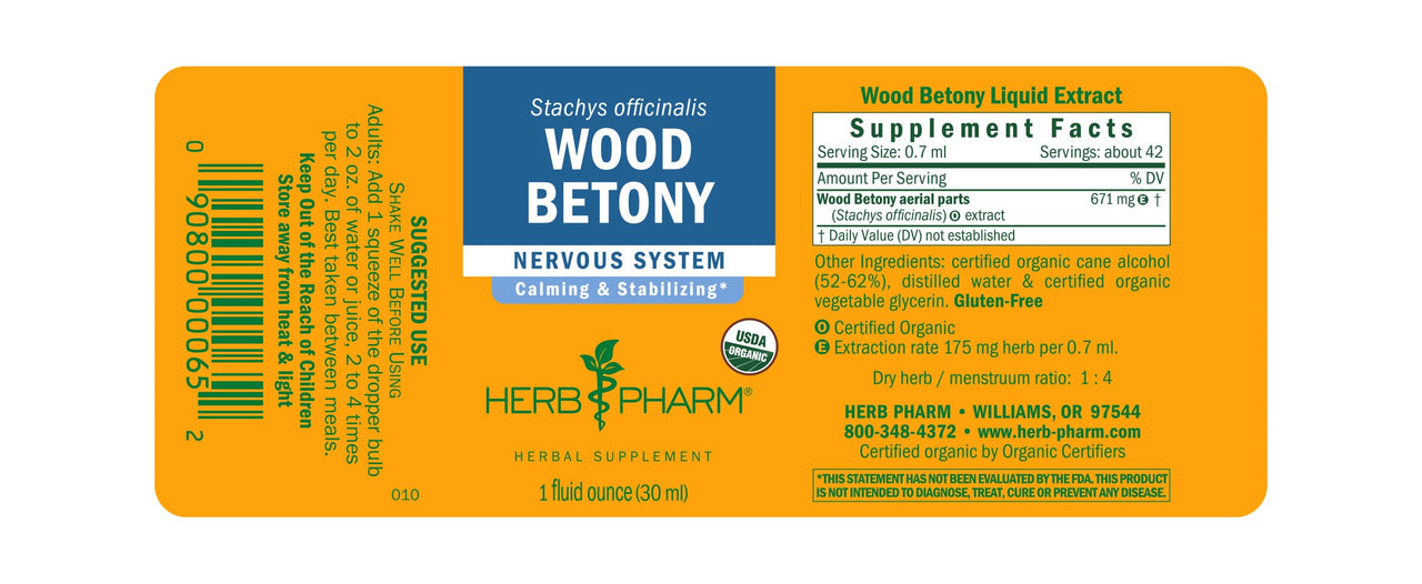Herb Pharm Certified Organic Wood Betony Liquid Extract - 1 Ounce (DWOOD01)