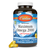 Thumbnail for Carlson - Maximum Omega 2000, 2000 mg Omega-3s, Healthy Heart, Brain Function & Vision Support, Lemon, 90 soft gels