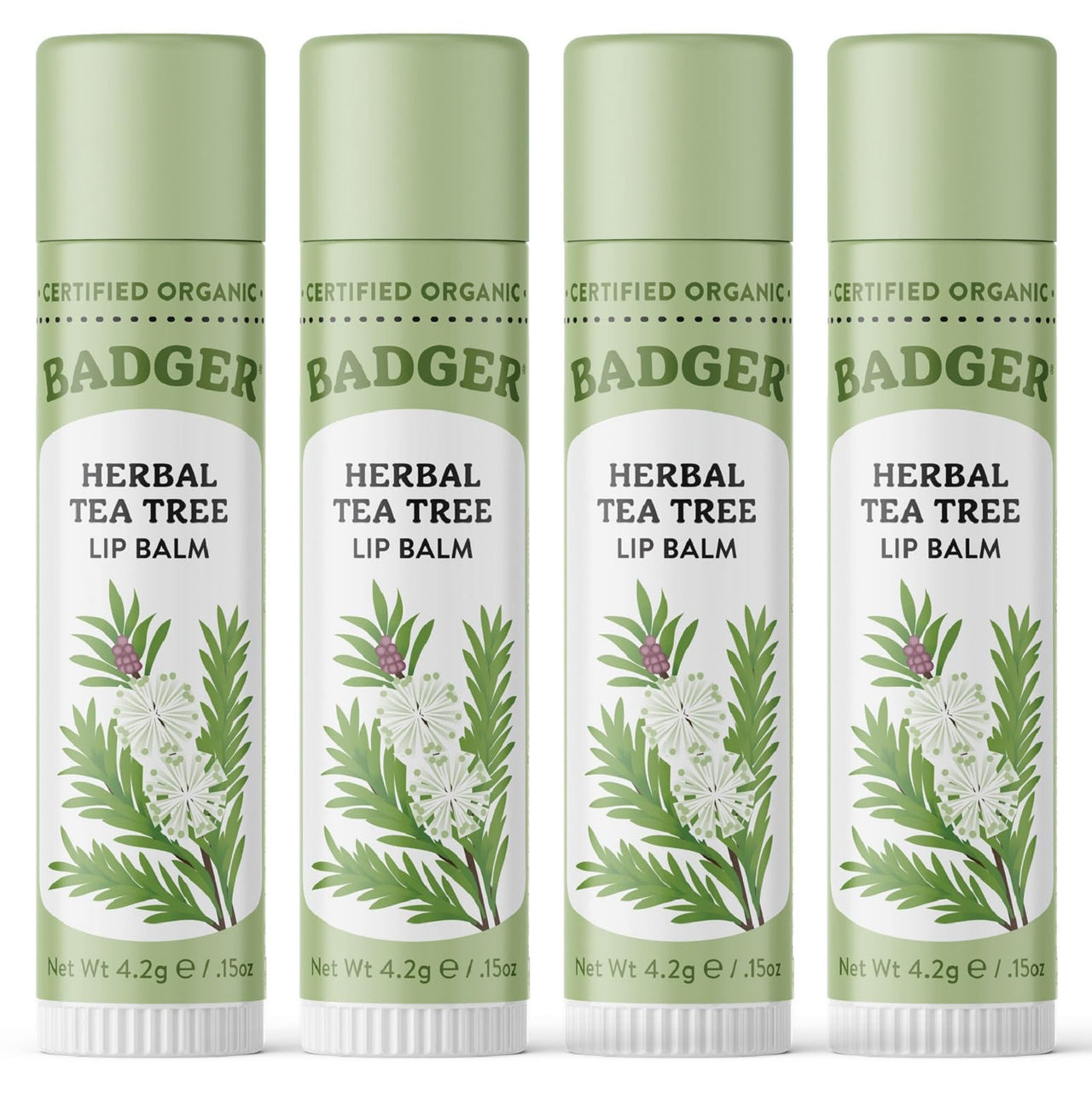 Badger Tea Tree Classic Lip Balm, 100% Organic Lip Balm, Moisturizing Herbal Lip Care w/Light Silky Texture, Soothing & Refreshing Lip Care for Irritated or Chapped Lips, 4 Pack