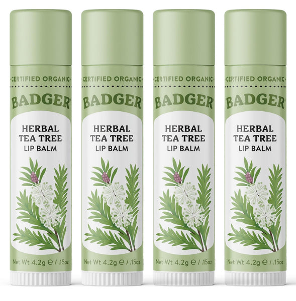 Badger Tea Tree Classic Lip Balm, 100% Organic Lip Balm, Moisturizing Herbal Lip Care w/Light Silky Texture, Soothing & Refreshing Lip Care for Irritated or Chapped Lips, 4 Pack