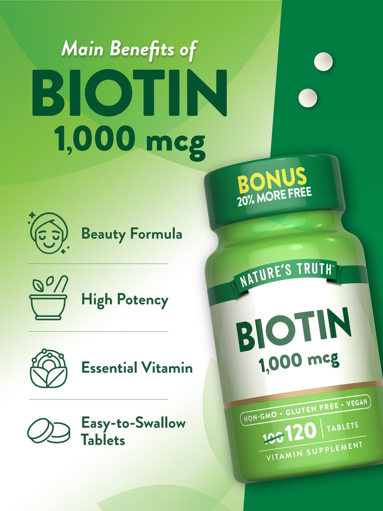 Nature's Truth Biotin 1000mcg | 120 Tablets | Vegan, Non-GMO, Gluten Free Supplement