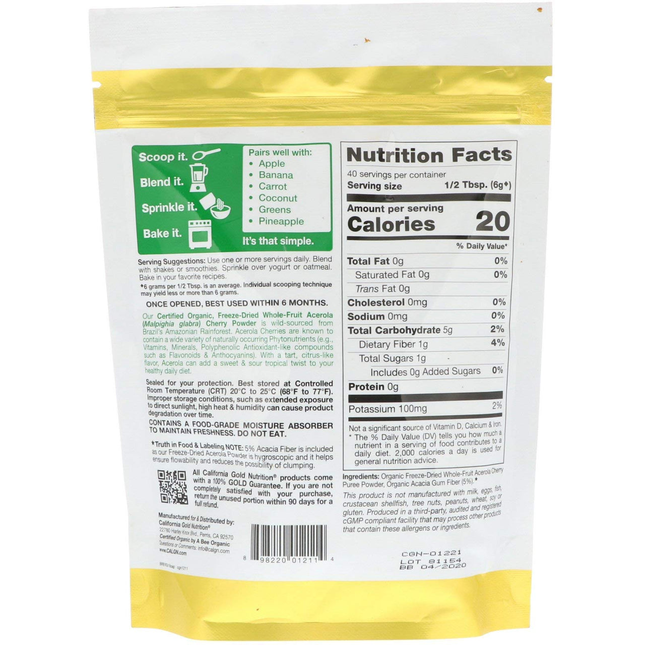 California Gold Nutrition Superfoods, Organic Acerola Powder, 8.5 oz (240 g)