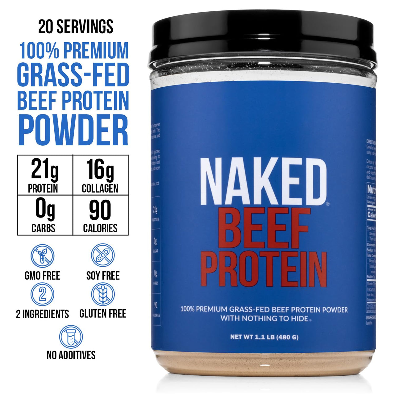 Naked Beef Protein Isolate - Grass Fed European Beef Bones, 21g Protein, 0g Carbs, Collagen, Amino Acids, Dairy Free, No Artificial Ingredients, Paleo Keto Carnivore Friendly, Unflavored - 20 Servings