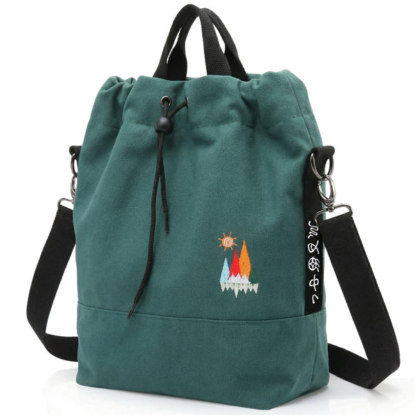Togood Women's Casual Canvas Tote Handbag with Sunshine Embroidery, Blackish Green, Medium