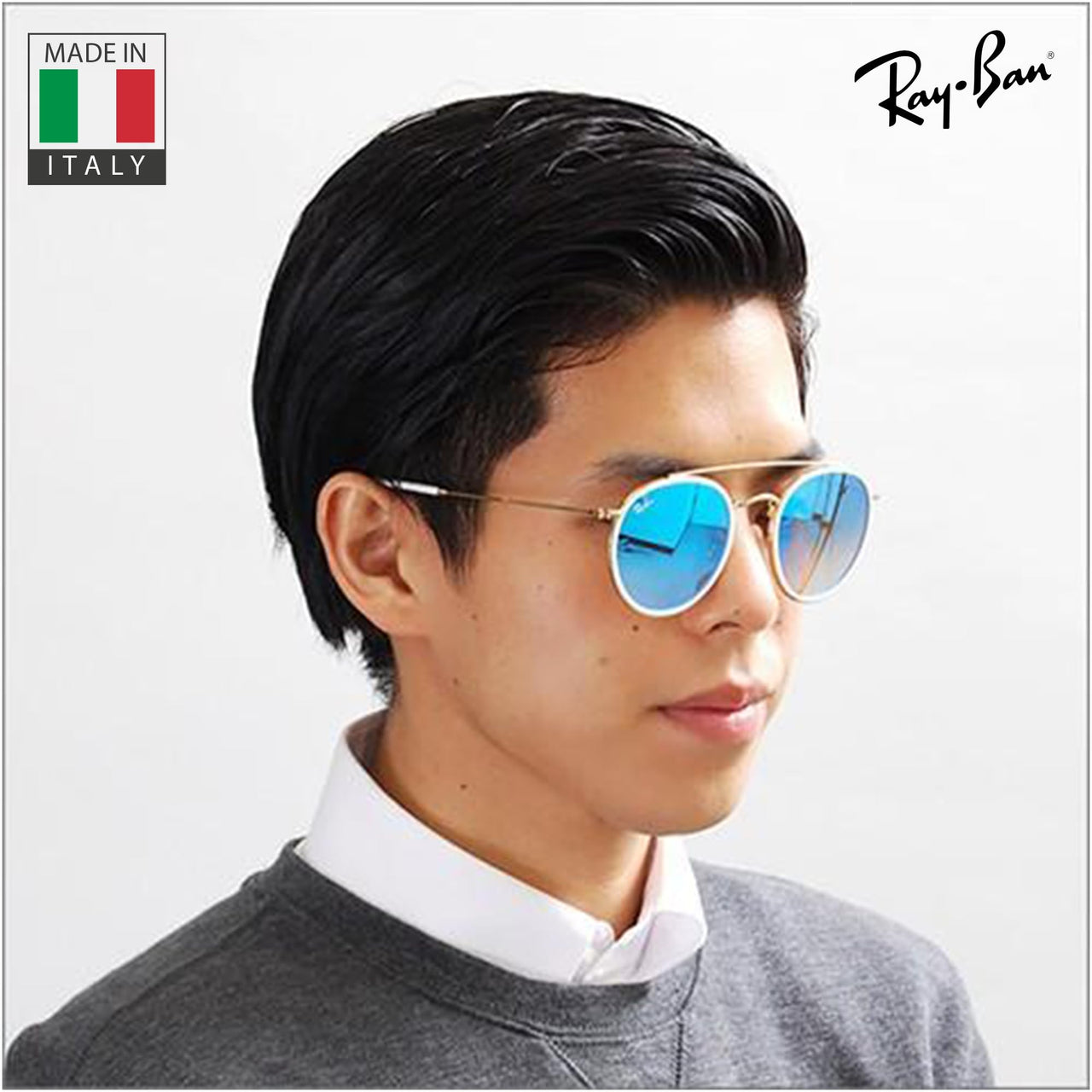 Ray-Ban RB3647N ROUND DOUBLE BRIDGE Round Shaped Non-Polarized Sunglasses for Men & Women – Includes Official RAYBAN Eyewear Kit – Ideal Formal & Casual Wear Sunglasses – Blue Flash Lens