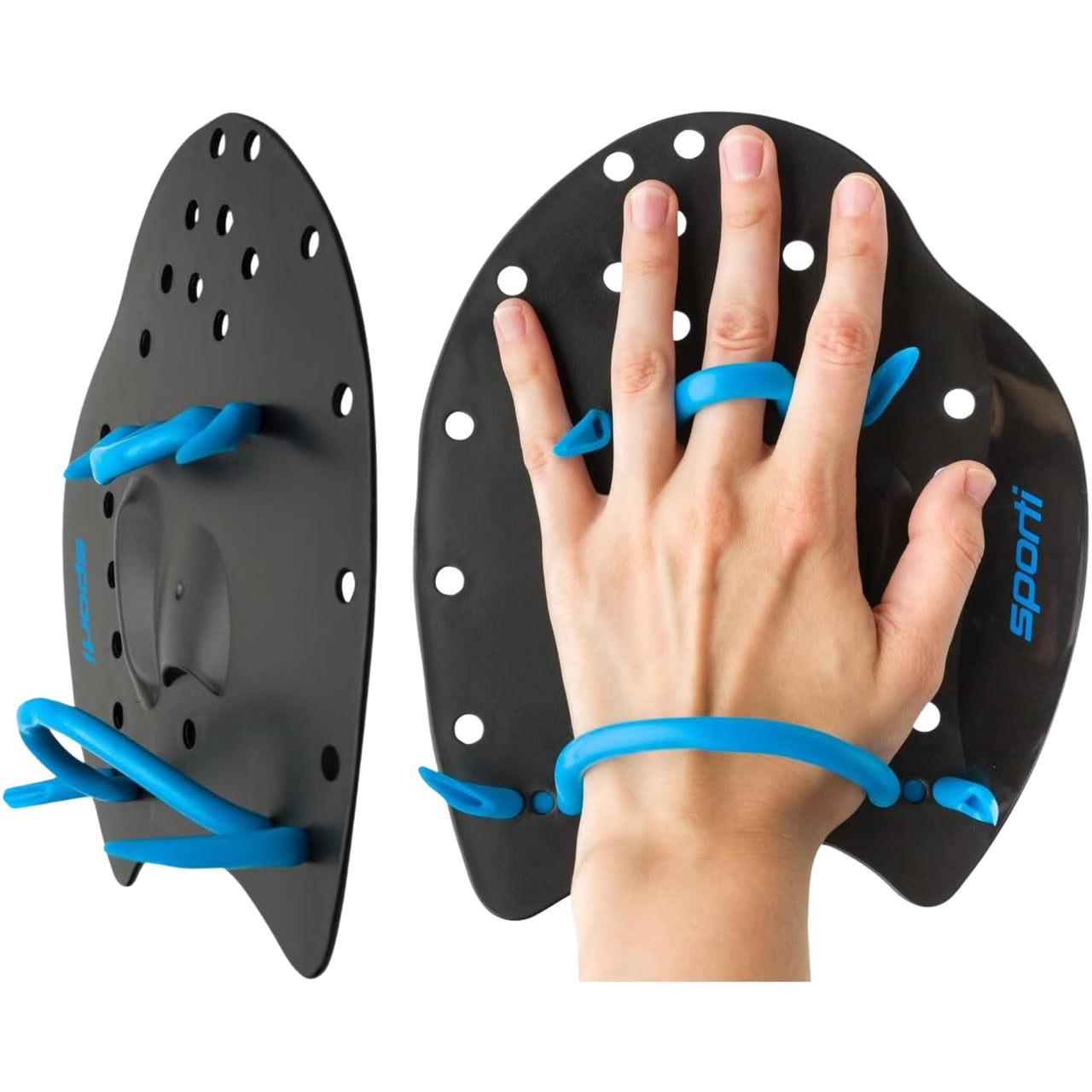 Sporti Power Swim Paddles - Swimming Training Hand Paddles - Adjustable Straps - Lap Swimming Gear (Small, Black)
