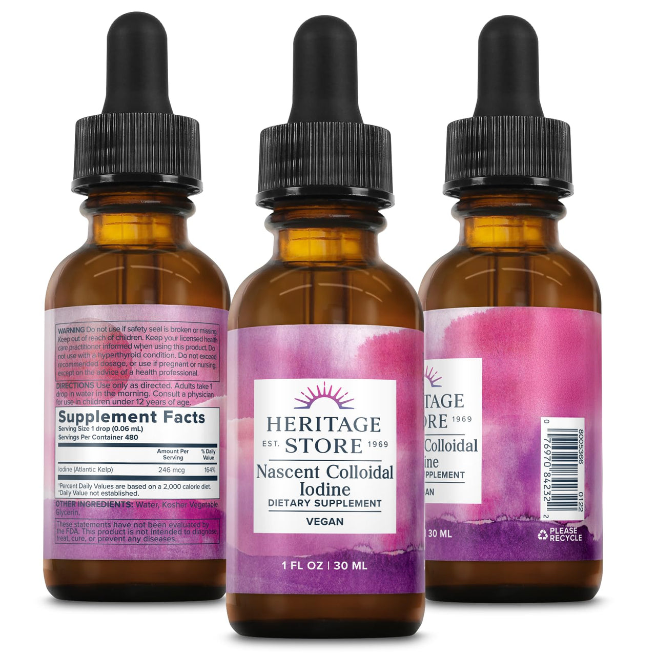 Heritage Store Nascent Colloidal Iodine Drops 246mcg, Liquid Supplement with Nascent Iodine from Atlantic Kelp, Bioavailable, Vegan, Approx. 480 Servings, 1oz
