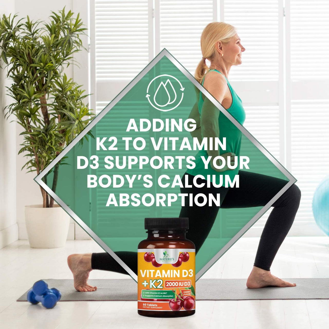 Vitamin D3 K2, Chewable Cherry D3 2000 iu Plus K2 (MK-7) 75 mcg - 2 in 1 Vitamins D & K Complex - Vitamin K2 MK7 + D3 Supplement Supports Immune & Heart Health, Calcium Absorption, Bones - 60 Tablets
