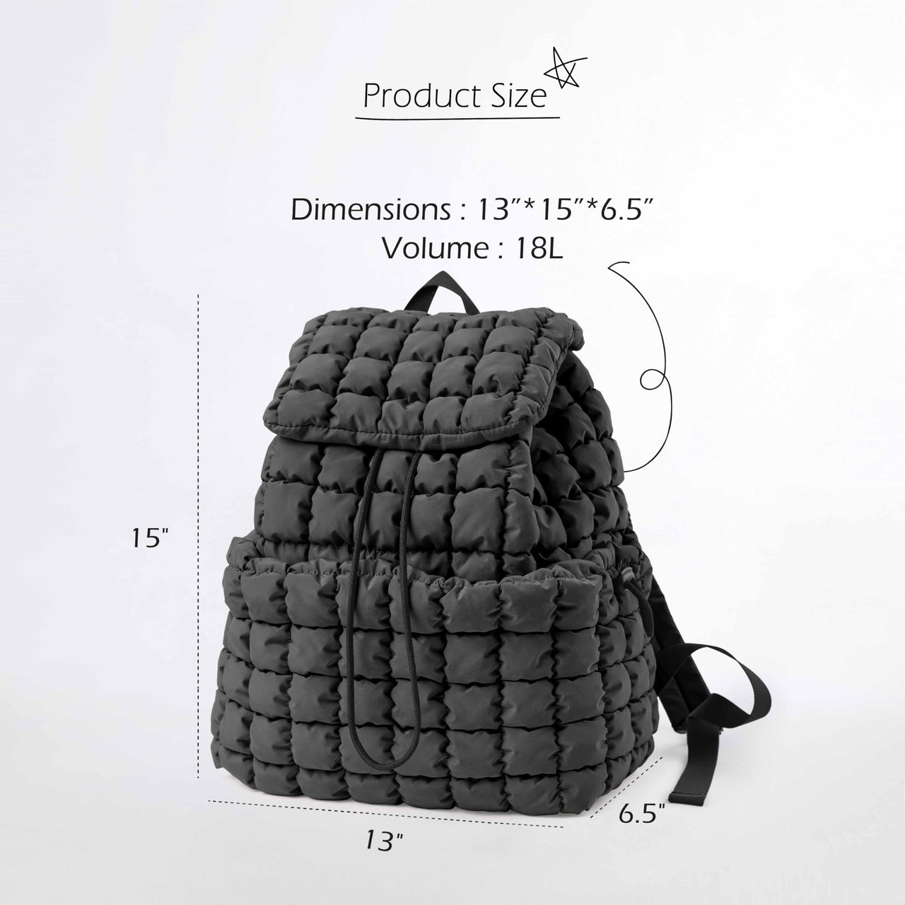 ODODOS Quilted Backpack 2.0 for Women Lightweight Puffer Hiker Pack Drawstring Padding Travel Gym Bag, Charcoal