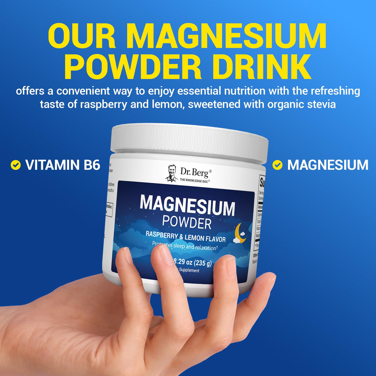 Dr. Berg Magnesium Glycinate Powder for Sleep, Relaxation, & Stress Relief - Raspberry & Lemon Flavor (50 Servings) Magnesium Powder - Ideal for Bedtime Support & Calming