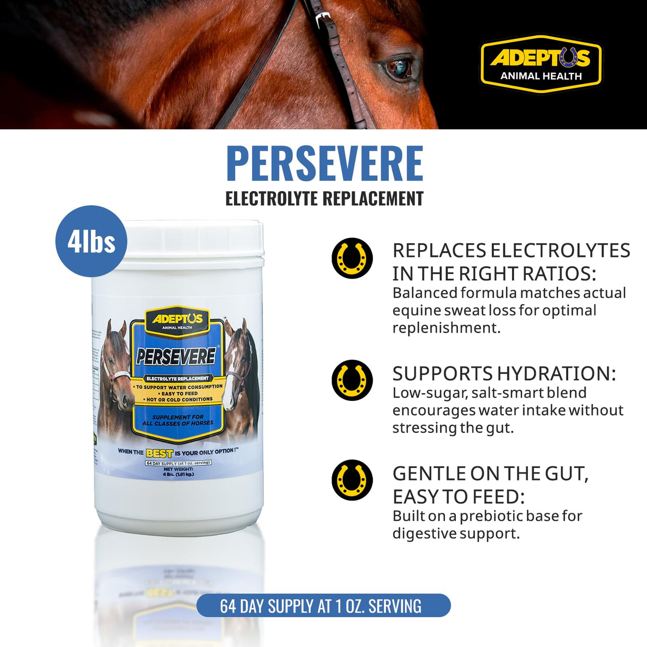 Adeptus Nutrition Persevere Electrolyte Supplement for All Classes of Horses, Supports Hydration, Balanced Formula for Sweat Replacement, Prebiotic Yeast Base, Easy-Feed Powder, 4 Lbs
