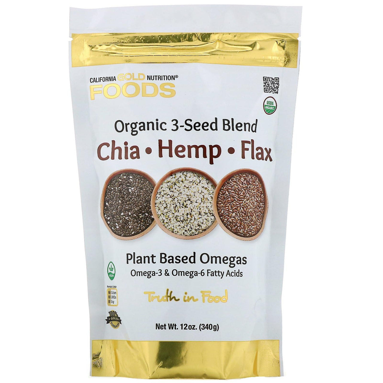 California Gold Nutrition Organic 3-Seed Blend, Black Chia Seeds, Hemp Seed Hearts & Flax Seeds, Omega-3 & Omega-6 Fatty Acids, USDA Organic, Vegan, No Gluten, No GMOs, 12 oz (340 g)