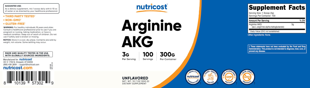 Nutricost Arginine AKG Powder 300 Grams (AAKG) - 3G Per Serving & 100 Servings - Pure Arginine Alpha Ketoglutarate