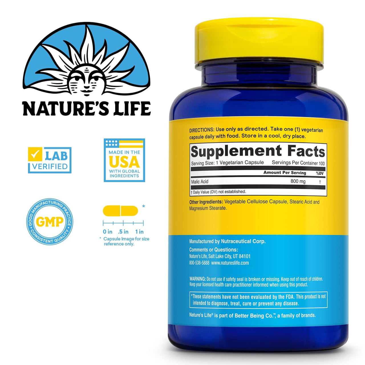 Nature's Life Malic Acid 800 mg | Chelating Agent May Help Support Energy & Muscle Comfort | No Gluten, Non-GMO | 100 Count
