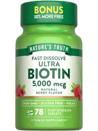 Thumbnail for Nature's Truth Biotin 5000mcg | 78 Fast Dissolve Tablets | Natural Berry Flavor | Vegan, Non-GMO & Gluten Free