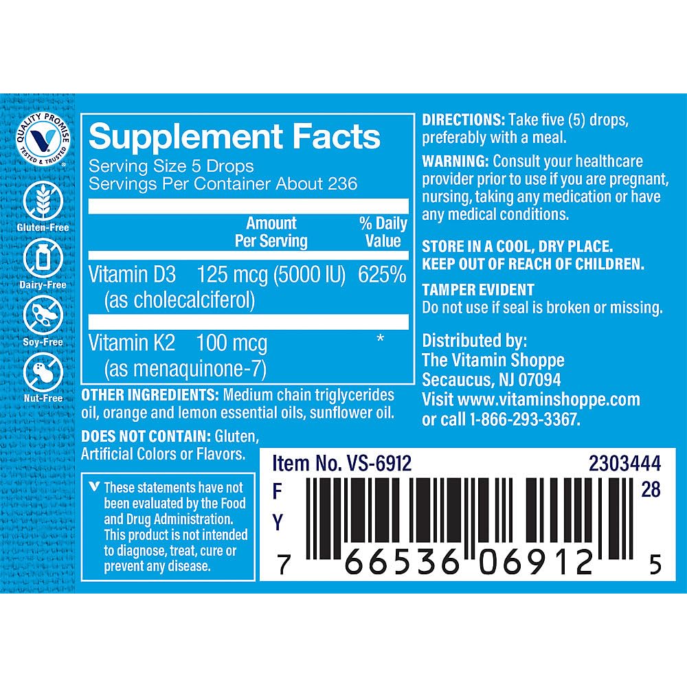 The Vitamin Shoppe Vitamin D3 K2 Liquid - Bone Health & Calcium Support | D3 + K2 MK-7 Drops | 1 oz | Citrus Flavor