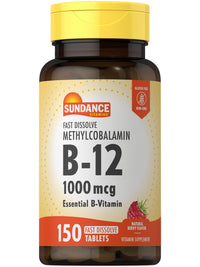 Thumbnail for Sundance B-12 Methylcobalamin 1,000 mcg | 150 Fast Dissolve Tablets | Natural Berry Flavor | Vegetarian, Non-GMO, and Gluten Free Essential Vitamin Supplement
