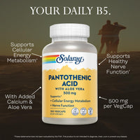 Thumbnail for SOLARAY Pantothenic Acid 500mg - Pantothenic Acid Supplement (Vitamin B5) - Essential B Complex Vitamin - Nervous System and Cellular Energy Support - Vegan, Gluten Free, 60-Day Guaratee, 100 Servings