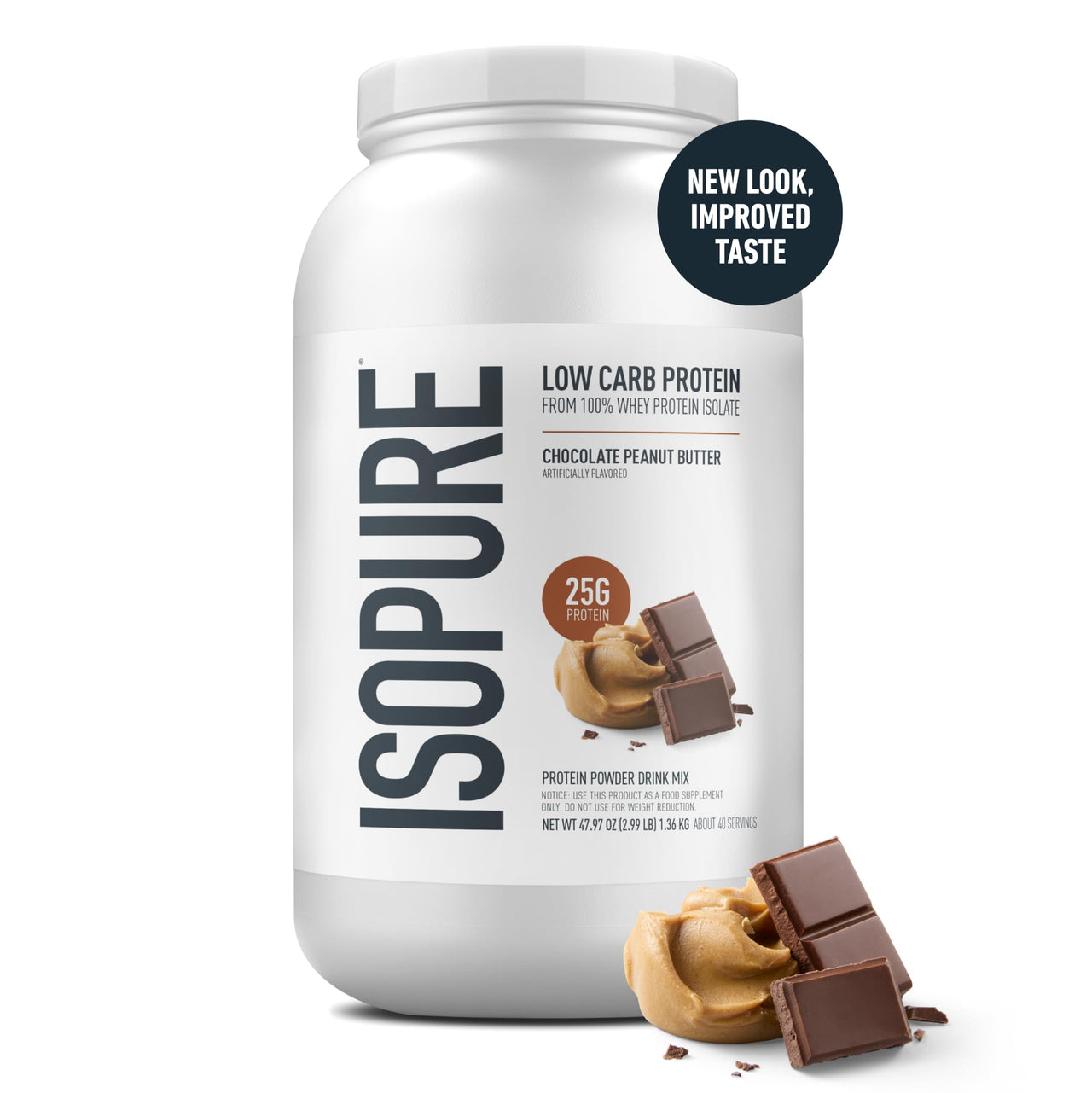 Isopure Low Carb 100% Pure Whey Isolate Protein Powder, Gluten Free, With Vitamins, Chocolate Peanut Butter, 25g Protein Per Serving, 3 Lbs, 40 Servings (Packaging May Vary)