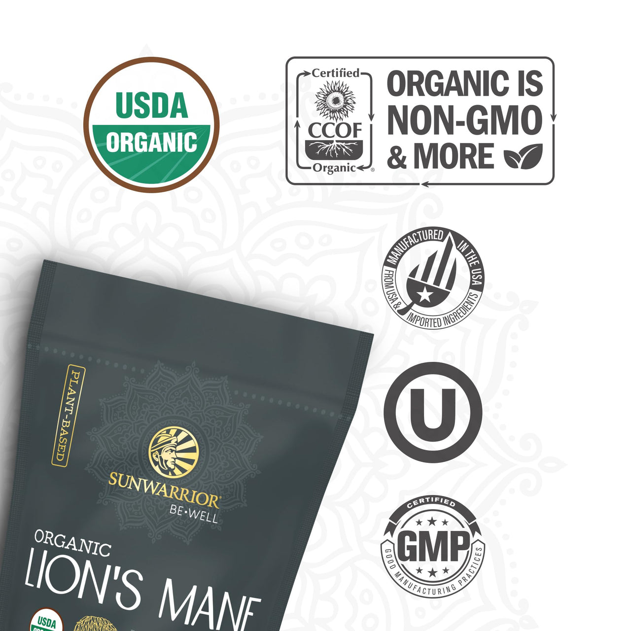 Sunwarrior Lions Mane Supplement Organic Mushroom Powder | Lion's Mane Powder Focus Supplement Mushroom Tea | 150g Pouch 60 Servings | Be Well