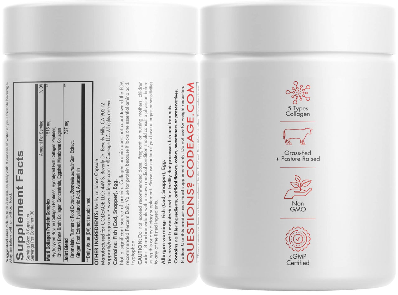 Codeage Multi Collagen Protein + Joint Blend Supplement, Hyaluronic Acid, Bromelain, Turmeric, Ginger Boswellia, Hydrolyzed - 5 Types of Collagen All-in-One, Joints & Bones Support, 2 Pack