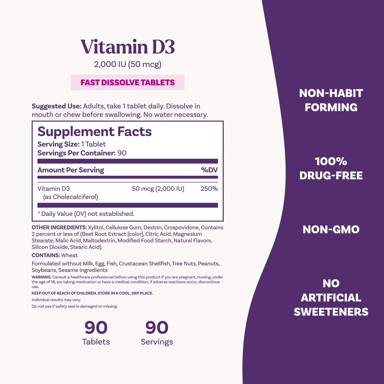 Natrol Fast Dissolve Vitamin D3 2,000 IU, Dietary Supplement for Bone and Joint Health, Bone Support Supplement, 90 Tablets, 90 Day Supply