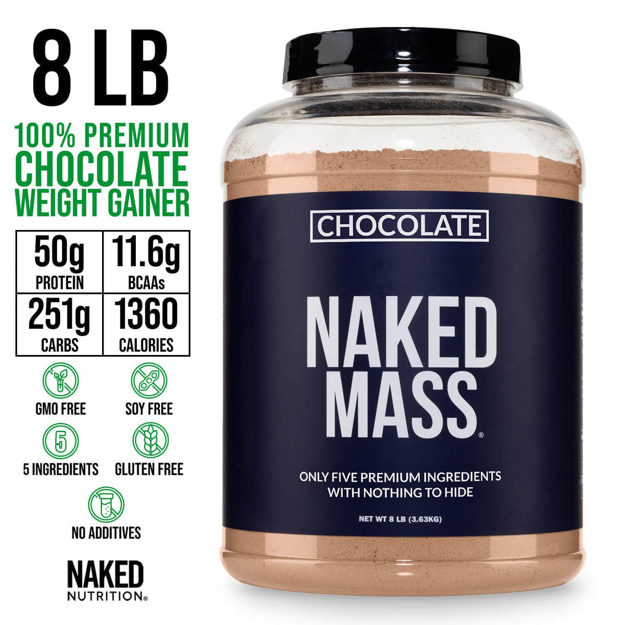 NAKED Chocolate Mass Gainer - All Natural Weight Gainer Protein Powder - 8lb Bulk, GMO Free, Gluten Free & Soy Free. No Artificial Ingredients - 1,360 Calories