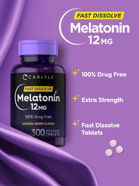Thumbnail for Carlyle Melatonin 12 mg Fast Dissolve 300 Tablets | Drug Free | Natural Berry Flavor | Vegetarian, Non-GMO, Gluten Free