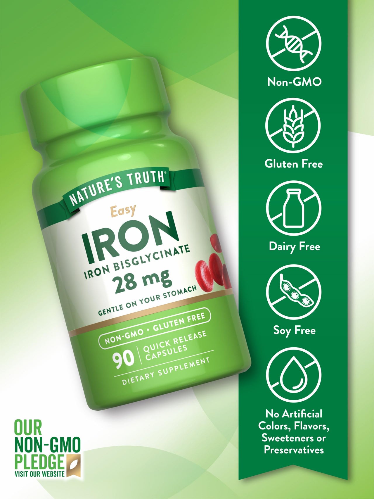 Nature's Truth Iron Supplement for Women & Men | 28 mg | 90 Capsules | Iron Bisglycinate | Non-GMO, Gluten Free