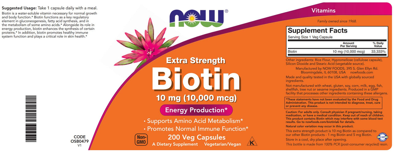 NOW Foods Extra Strength Biotin 10,000mcg / 10 mg - 200 Count - Hair, Skin, Nail - Supplement for Men and Women - B7 Vitamin - Vegetarian, Vegan, Non-GMO