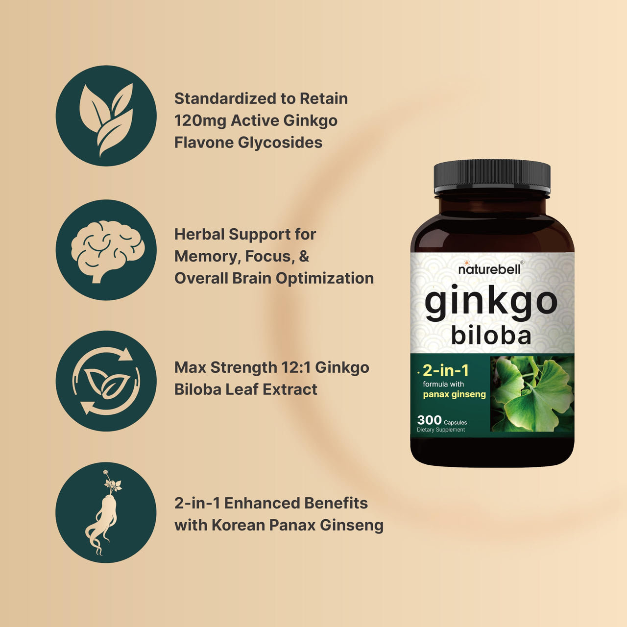 NatureBell Ginkgo Biloba 6,000mg with Panax Ginseng 500mg Per Serving | 300 Capsules – Max Strength Ginko Biloba Extract Supplements - Promotes Memory, Focus, and Brain Health